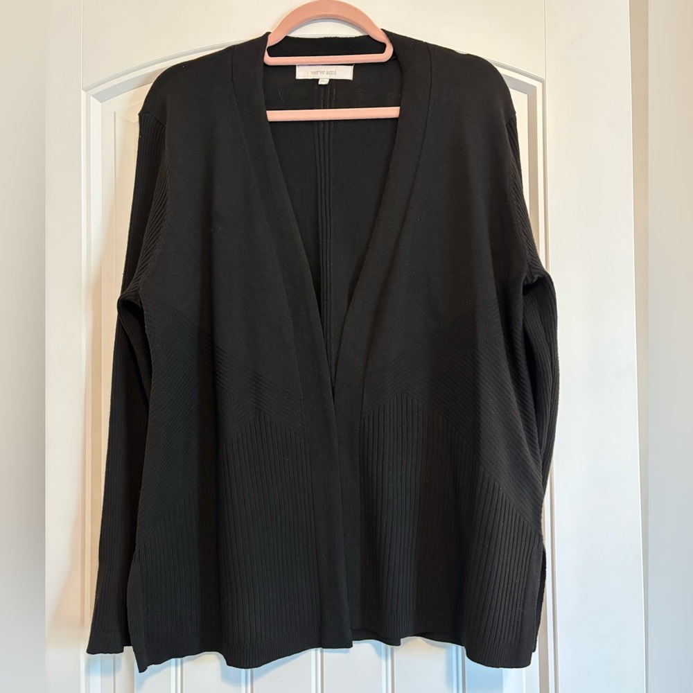 Verve Ami Black Open Front Patterned Long Cardigan Sweater - Size L